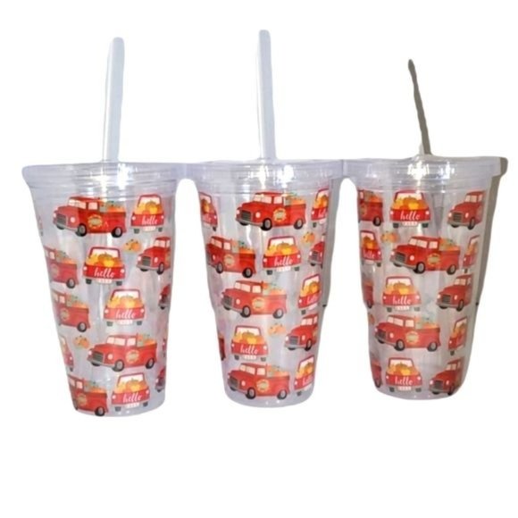 SET OF 3 Fall Travel Tumbler Cold Cup Straw Red Truck Drink 16oz Pumpkins - Picture 7 of 7